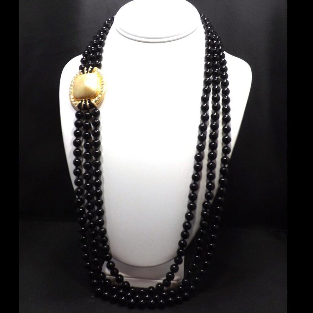 Vintage Black Glass Hand Knotted Beaded Necklace, Rhinestones Side Pendant, 28"